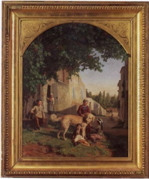 Souvenir De Champigny Pres De Paris - Kinder Schmucken Einen Hund Auf Der Strasse Oil Painting by Carl Albert Von Salis-Soglio