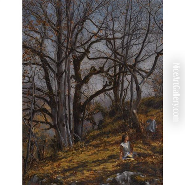 Sonniger Herbstwald Mit Spielenden Kindern Oil Painting by Pierre De Salis-Soglio