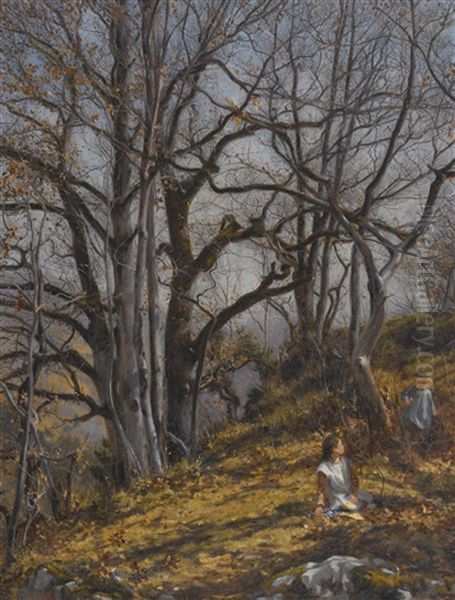 Sonniger Herbstwald Mit Spielenden Kindern Oil Painting by Pierre De Salis-Soglio