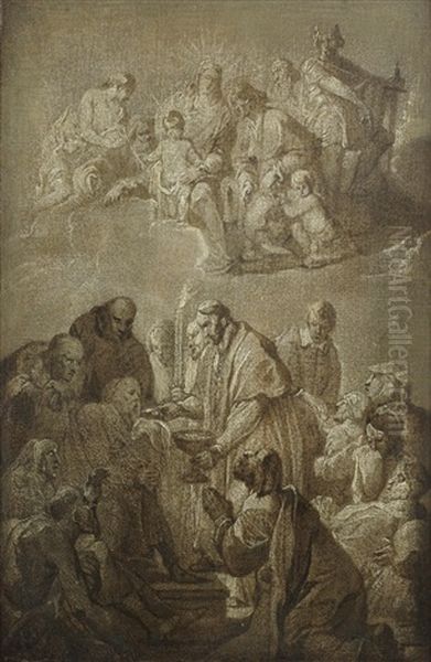 Saint Macarius Of Ghent Giving Communion To The Victims Of The Plague Oil Painting by Anthonis Sallaert