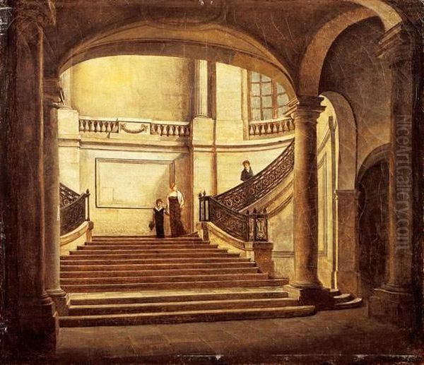 Promeneurs Dans Le Grand Escalier Du Palais Royal Oil Painting by Etienne Bouhot