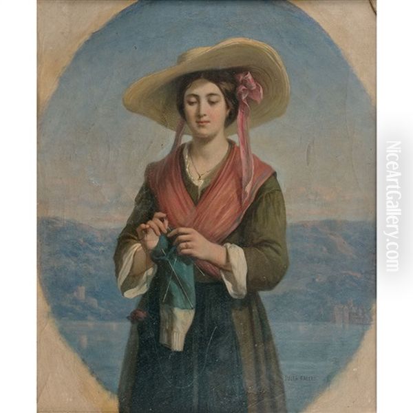 Jeune Femme Tricotant Devant Un Lac Dans Un Ovale Peint Oil Painting by Jules Salles-Wagner