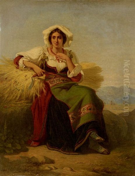 Junge Italienische Schnitterin Mit Korngarbe Und Sichel. Vor Weiter Landschaft Mit Hugelzug Im Hintergrund Oil Painting by Jules Salles-Wagner