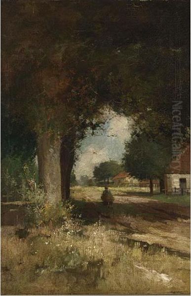 A Peasantwoman On A Path Oil Painting by Hendrikus Johan Bouhuys