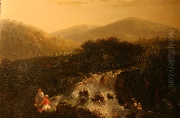 Waterfall With Two Figures On Both Sides And Mountains. A Bathing Resort On East Java In The Background Oil Painting by Abram Salm