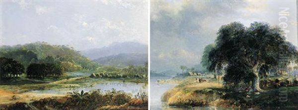 A River Landscape In Java With Figures Resting Under A Tree Oil Painting by Abram Salm