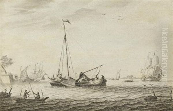 A Kaag And Other Vessels Oil Painting by Adriaen Van Salm