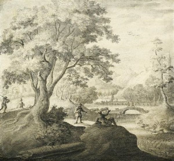 River Landscape With Figures Resting Along A Path by Adriaen Van Salm