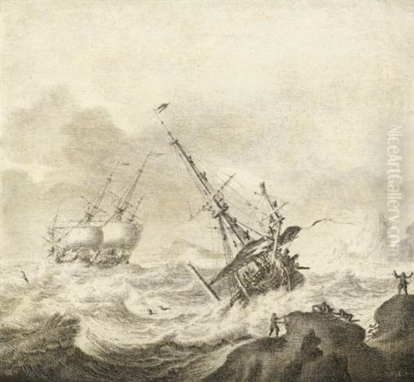 Shipping On A Stormy Sea Oil Painting by Adriaen Van Salm