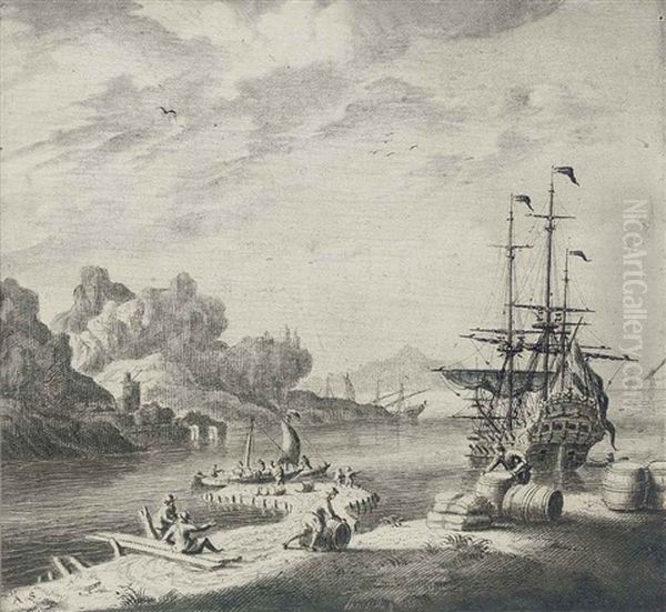 A Dutch Man'o-war At Anchor In The Mediterranean, Lying Off A Jetty, With Figures On The Foreshore Oil Painting by Adriaen Van Salm