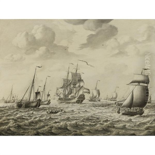 A Dutch Man-of-war Firing A Salute, With A Flotilla Of Fishing Boats And Other Shipping Beyond, A Penschilderij Oil Painting by Adriaen Van Salm