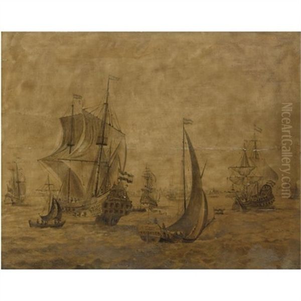 A Dutch Two - Decker In An Estuary With Many Other Ships And Vessels Oil Painting by Adriaen Van Salm