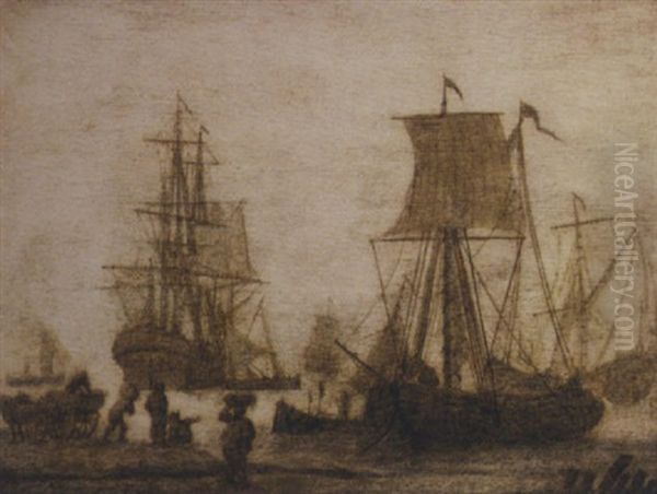 Shipping In A Harbour With Figures On A Shore Oil Painting by Adriaen Van Salm