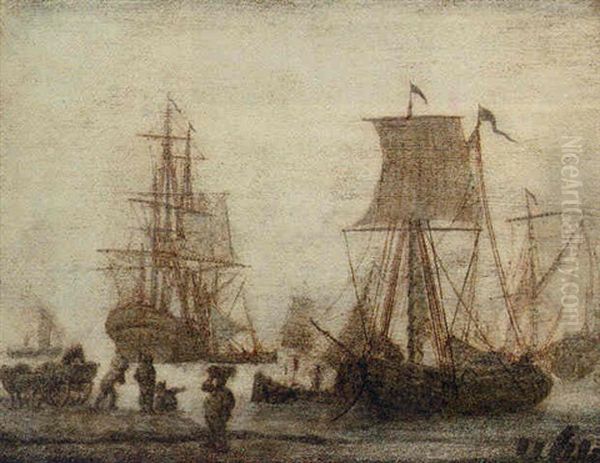 Shipping In A Harbour With Figures In A Shore Oil Painting by Adriaen Van Salm