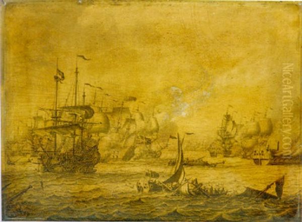 A Naval Engagement Between English And Dutch Men-of-war Oil Painting by Adriaen Van Salm