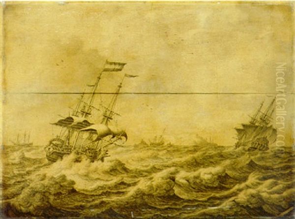 Dutch Galley Frigates And Others Shipping In Choppy Seas Oil Painting by Adriaen Van Salm