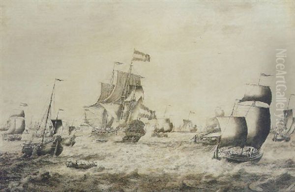 Vaisseau De Guerre Des Provinces-unies Et Autres Bateaux Sur Une Mer Agitee Oil Painting by Adriaen Van Salm