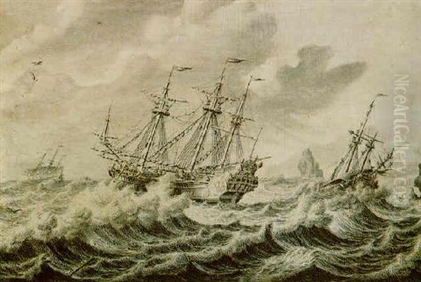 Shipping In Choppy Seas Oil Painting by Adriaen Van Salm