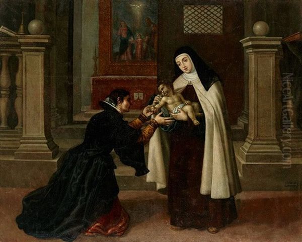 Santa Teresa Resucita A Su Sobrino Gonzalo De Ovalle Oil Painting by Cristobal Garcia Salmeron