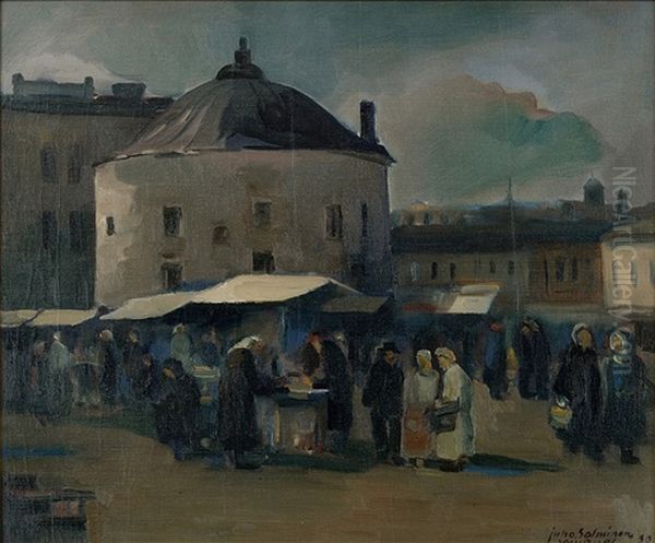 The Marketplace In Vyborg Oil Painting by Juho Salminen