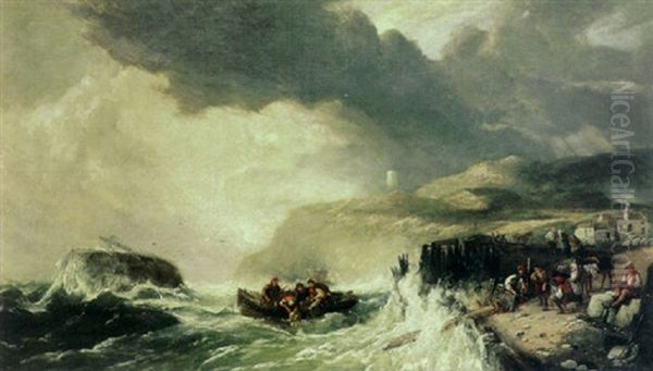 A Coastal View With A Shipwreck Offshore And A Rescue Boat And Figures On The Beach In The Foreground Oil Painting by John Cuthbert Salmon