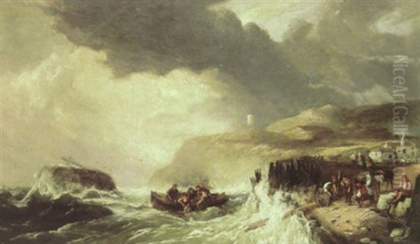 A Coastal View With A Shipwreck Offshore And A Rescue Boat And Figures On The Shore In The Foreground Oil Painting by John Cuthbert Salmon