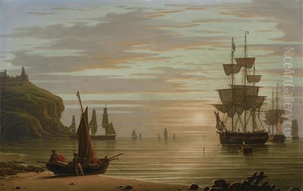 Calm & Sunset, Shipping; Tynemouth Point And Boat Oil Painting by Robert Salmon