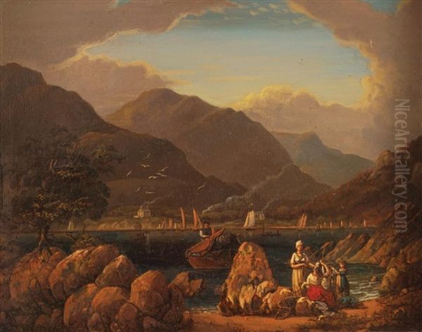 A Scottish Loch With Fisherman And His Family In The Foreground Oil Painting by Robert Salmon