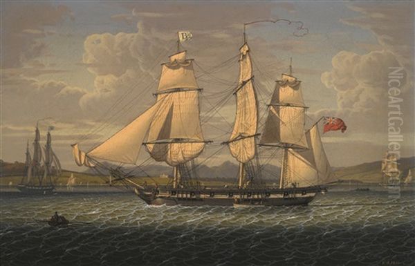 An Outward-bound, Eighteen-gun Merchantman At The Tail Of The Bank, Portrayed In Three Positions Oil Painting by Robert Salmon