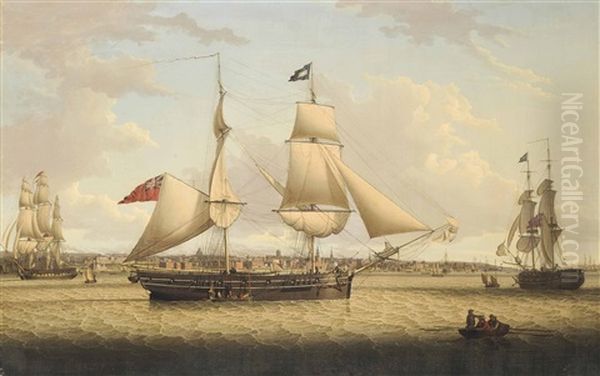 A 16-gun Brig, Probably A Privateer, In Two Positions On The Mersey, Heaving-to And Picking Up The Pilot, An Armed Merchantman Astern Of Her And The Liverpool Waterfront Beyond Oil Painting by Robert Salmon