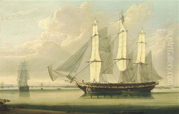 An Armed Packet Drifting Along The Thames Off Woolwich With Galleons Reach Astern Of Her And The East India Dock And Its Masting House Observed Off Her Starboard Bow Oil Painting by Robert Salmon