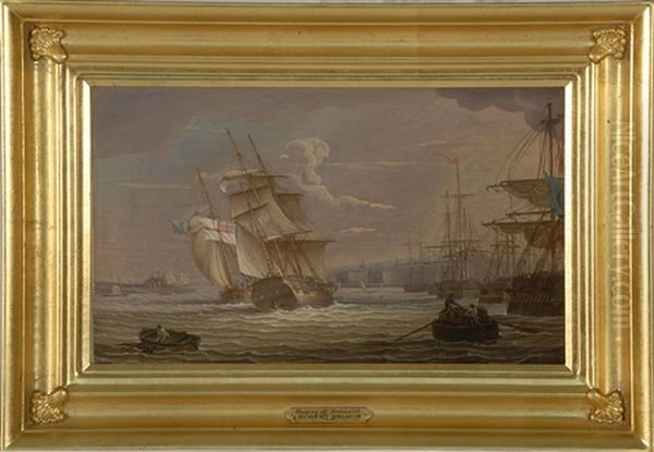 Shipping Off Greenwich, Depicting An Active Harbor View With Greenwich In The Distance Oil Painting by Robert Salmon