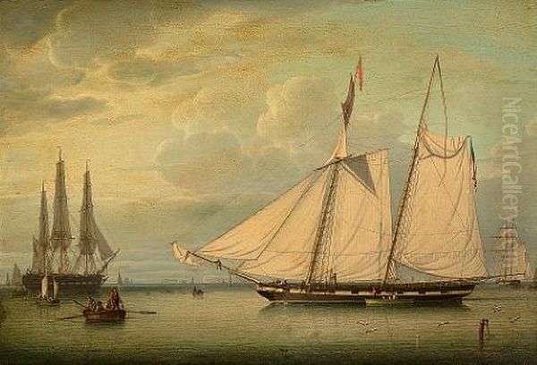 The American Revenue Schooner Drying Sails In Boston Harbor Oil Painting by Robert Salmon