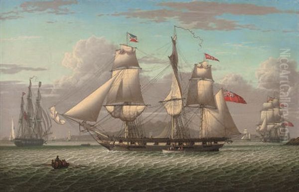 The Merchant Frigate "defiance," In Three Positions, Off The Entrance To Loch Ryan, Below The Firth Of Clyde Oil Painting by Robert Salmon