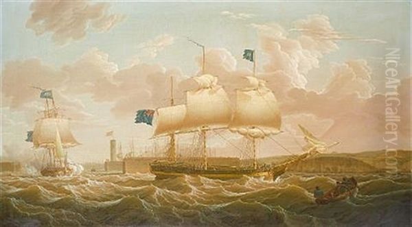 A Privateer In Two Positions Leaving Whitehaven Harbour Oil Painting by Robert Salmon