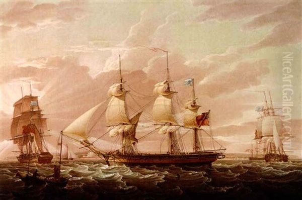 The Alfred In Three Positions In The Channel Off Wolmer Castle With A Pilot Cutter Approaching Oil Painting by Robert Salmon