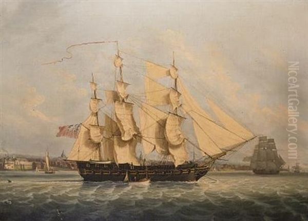 A Privateer Anchored In The Mersey And Drying Her Sails In A Fresh Breeze Oil Painting by Robert Salmon