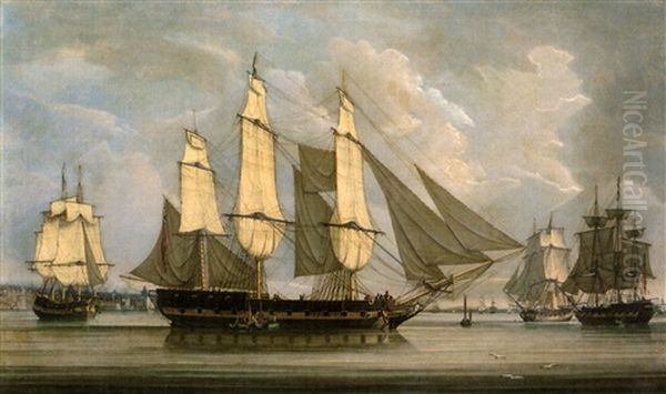 Merchant Ships Off Liverpool, Drying Their Sails Whilst Lying In The Mersey River Oil Painting by Robert Salmon