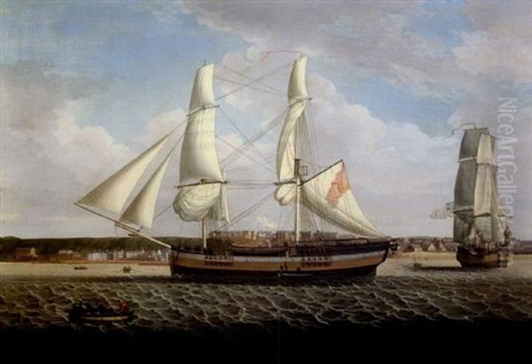 A Departing Brig Off Maryport Harbor Oil Painting by Robert Salmon