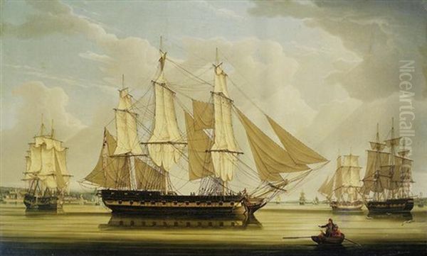 A Fifth Rate Ship Of The Line And A Brig Drying Sails In A Flat Calm On The River Mersey, 1808 Oil Painting by Robert Salmon