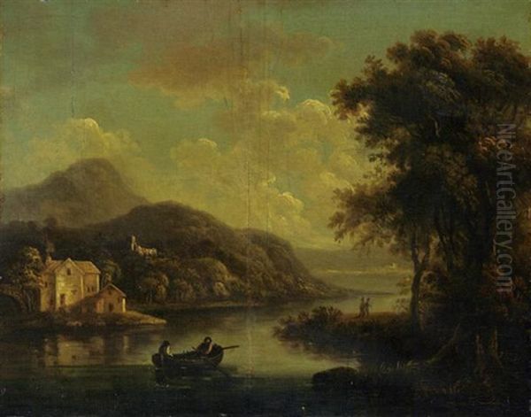 An Afternoon On The Lake With A Cottage And Ruins In The Distance Oil Painting by Robert Salmon