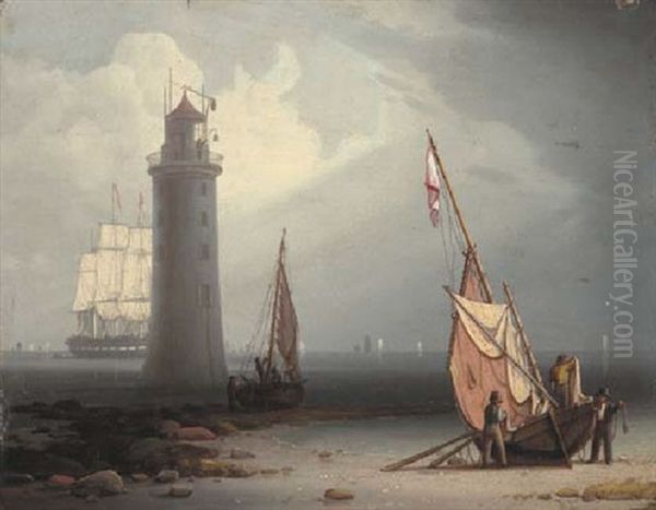 Mending Sails On The Shore At The Perch Lighthouse, New Brighton, At The Entrance To The River Mersey Oil Painting by Robert Salmon