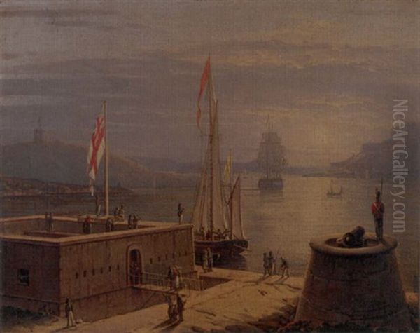 Vessels In A Harbor/royal Naval Fort At Milford Haven, England (?) Oil Painting by Robert Salmon