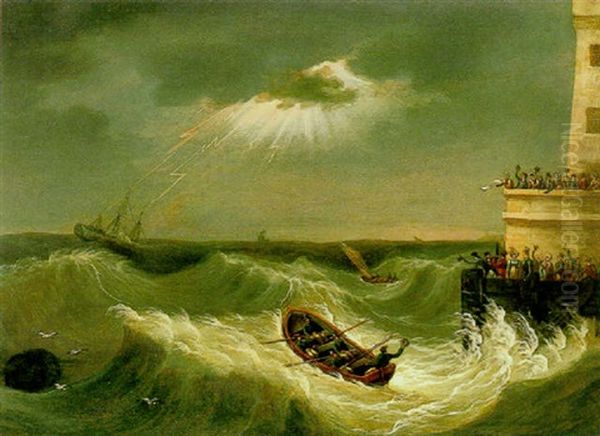 To The Rescue Off Whitehaven Pier Oil Painting by Robert Salmon