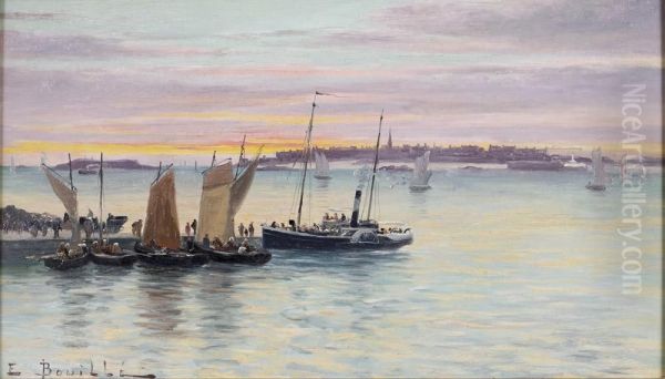 Etienne Bateau Mixte Devant St Malo Huile Sur Panneau Signee En Bas A Gauche Oil Painting by Etienne Bouille