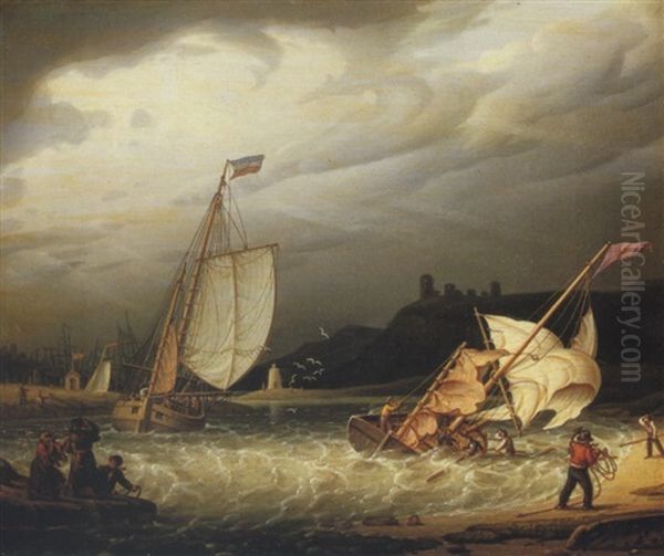 Fishermen On The Scottish Coast With Approaching Storm Oil Painting by Robert Salmon