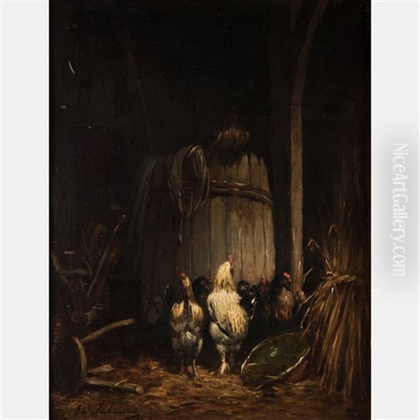 Barn Interior Scene With Chickens Oil Painting by Theodore Frederic de Salmon