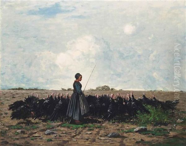 A Young Girl Herding Turkeys Oil Painting by Theodore Frederic de Salmon