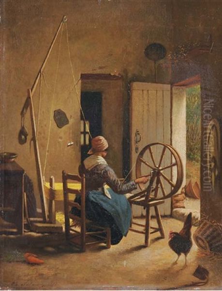 At The Spinning Wheel Oil Painting by Theodore Frederic de Salmon