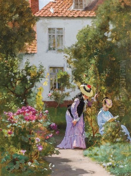 Women In The Garden Oil Painting by Hugo Salmson